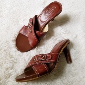 Coach Brown Leather Sandal, Wood Heel, Criss Cross Buckle, Slip-on Mule Size 7